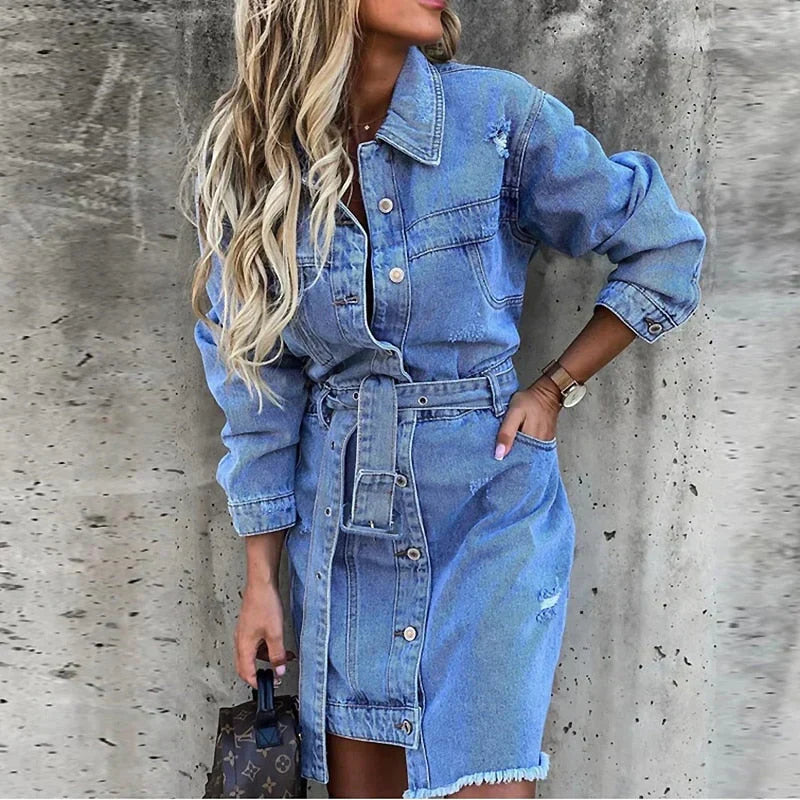 Kaelani | Elegantes Hemdkleid aus Denim - lange Ärmel, Knopfleiste, Taillengürtel, lässiger Chic-Look
