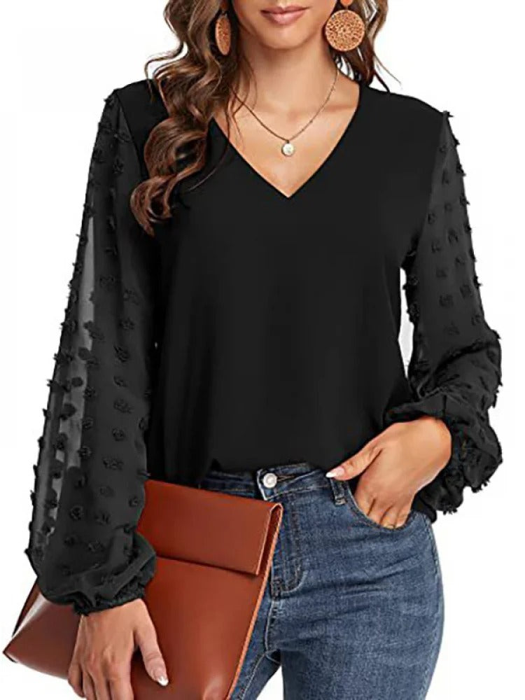 Nylaine | Chiffonbluse mit V-Ausschnitt und langen Ärmeln, leichtes, elegantes Büro-Top