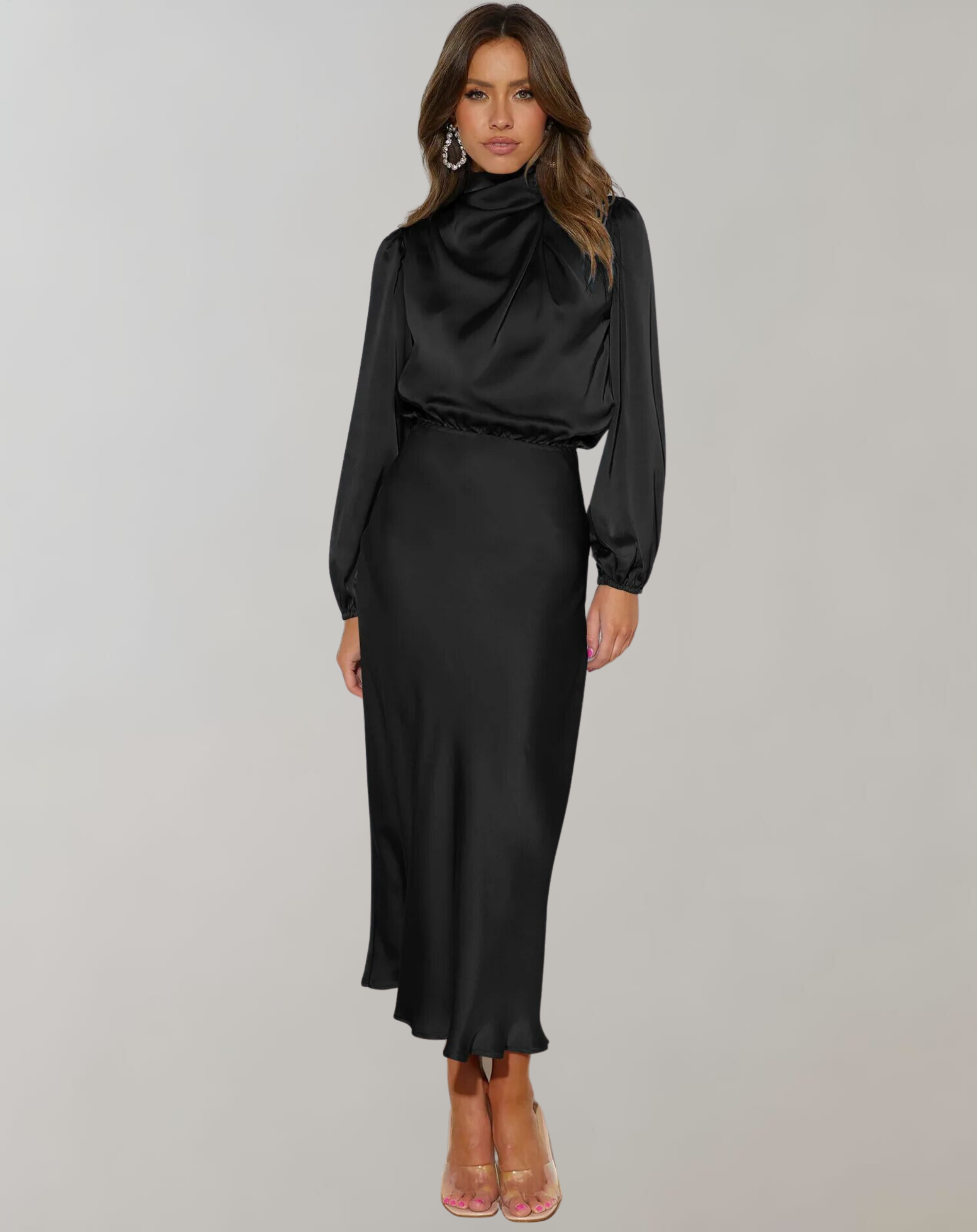 Mireth | Satin Maxikleid - Langärmliges Hochgeschlossenes Elegantes Formelles Kleid