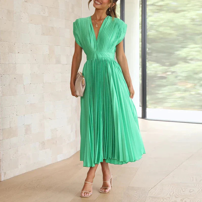 Azaria | Plissiertes Maxikleid - V-Ausschnitt Ärmellos Fließendes Elegantes Langes Kleid