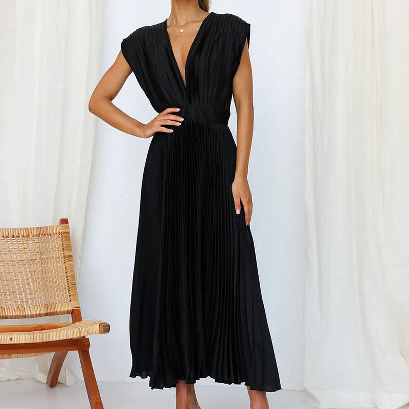 Azaria | Plissiertes Maxikleid - V-Ausschnitt Ärmellos Fließendes Elegantes Langes Kleid
