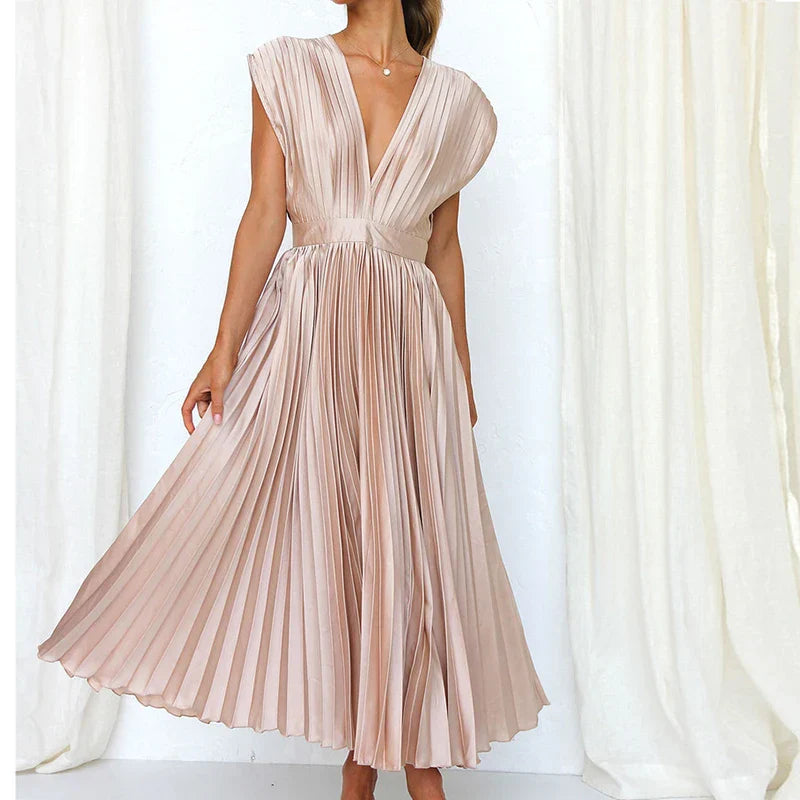Azaria | Plissiertes Maxikleid - V-Ausschnitt Ärmellos Fließendes Elegantes Langes Kleid