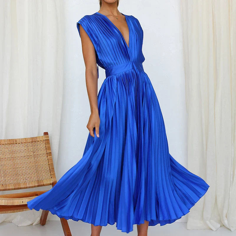 Azaria | Plissiertes Maxikleid - V-Ausschnitt Ärmellos Fließendes Elegantes Langes Kleid