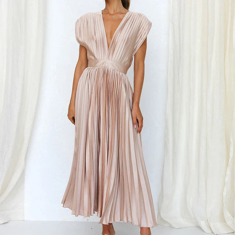 Azaria | Plissiertes Maxikleid - V-Ausschnitt Ärmellos Fließendes Elegantes Langes Kleid