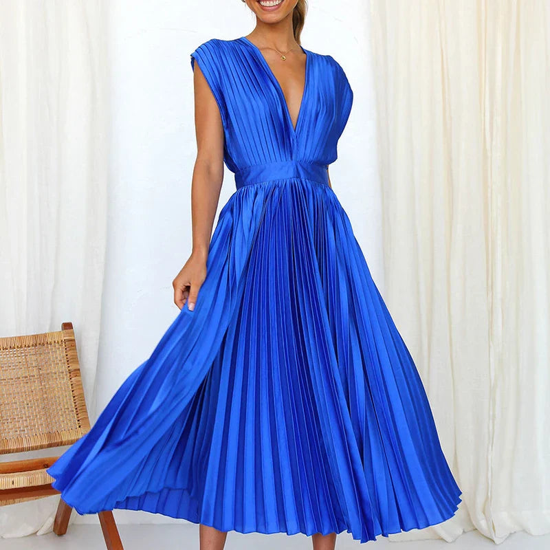 Azaria | Plissiertes Maxikleid - V-Ausschnitt Ärmellos Fließendes Elegantes Langes Kleid