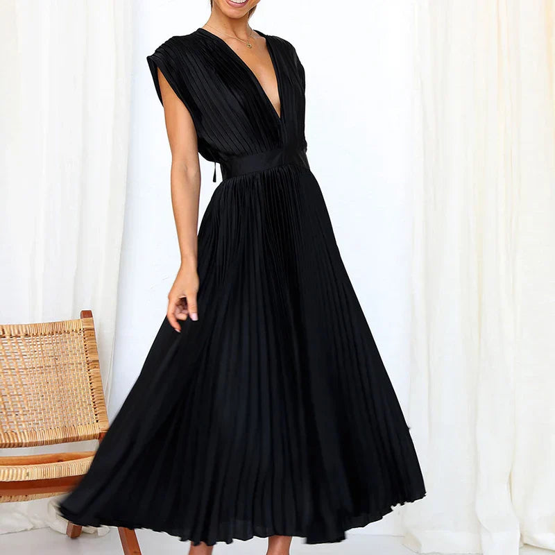 Azaria | Plissiertes Maxikleid - V-Ausschnitt Ärmellos Fließendes Elegantes Langes Kleid