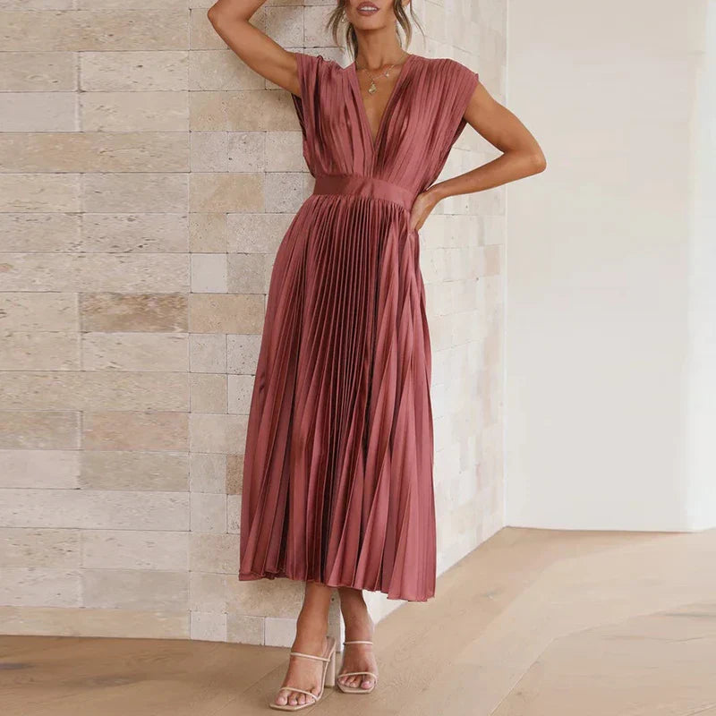 Azaria | Plissiertes Maxikleid - V-Ausschnitt Ärmellos Fließendes Elegantes Langes Kleid