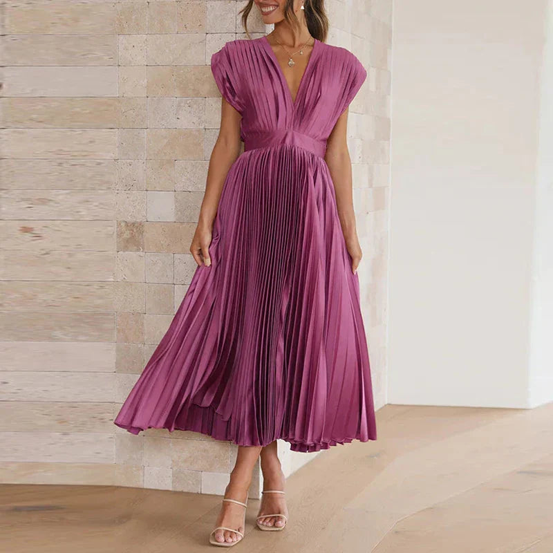 Azaria | Plissiertes Maxikleid - V-Ausschnitt Ärmellos Fließendes Elegantes Langes Kleid