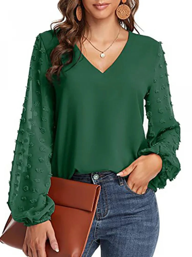 Nylaine | Chiffonbluse mit V-Ausschnitt und langen Ärmeln, leichtes, elegantes Büro-Top