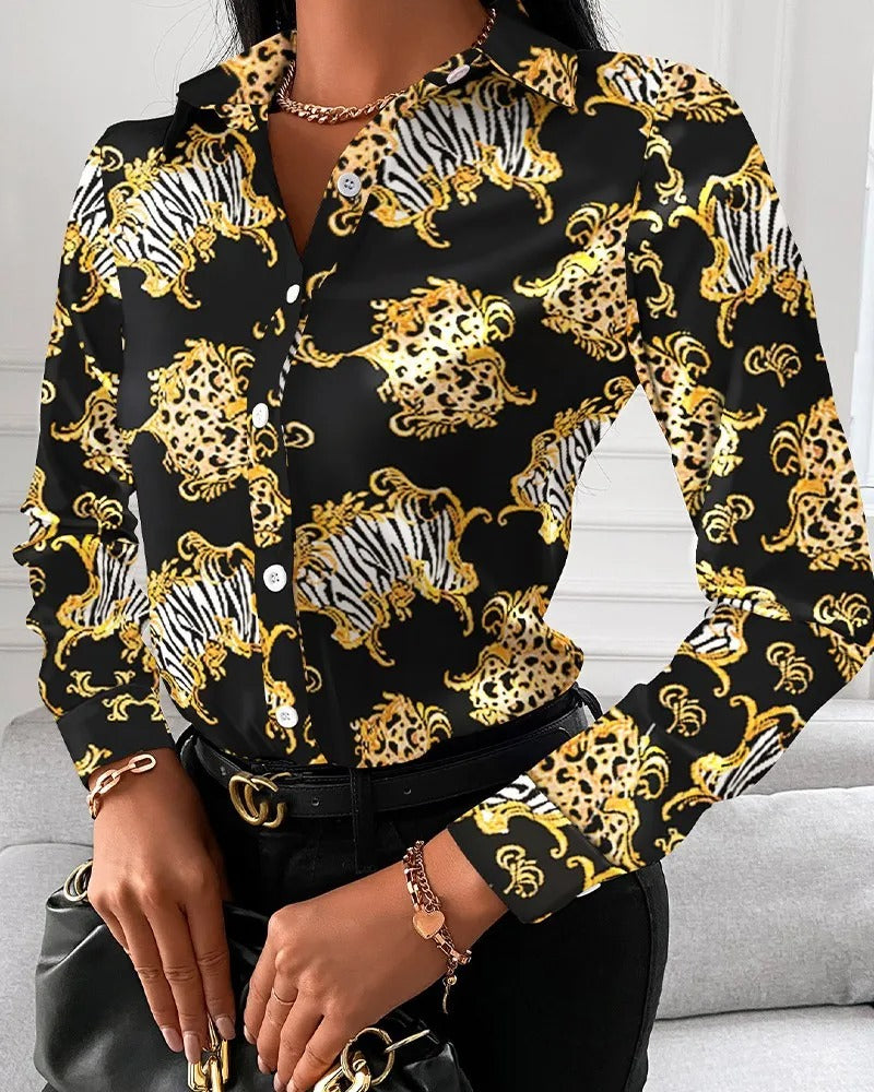 Liora | Damen Vintage Druck Button-up Bluse - Langarm Retro Elegantes Hemd