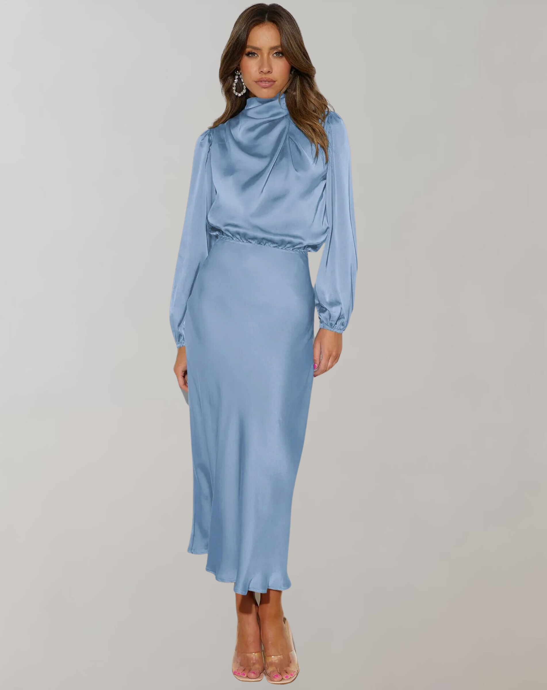 Mireth | Satin Maxikleid - Langärmliges Hochgeschlossenes Elegantes Formelles Kleid