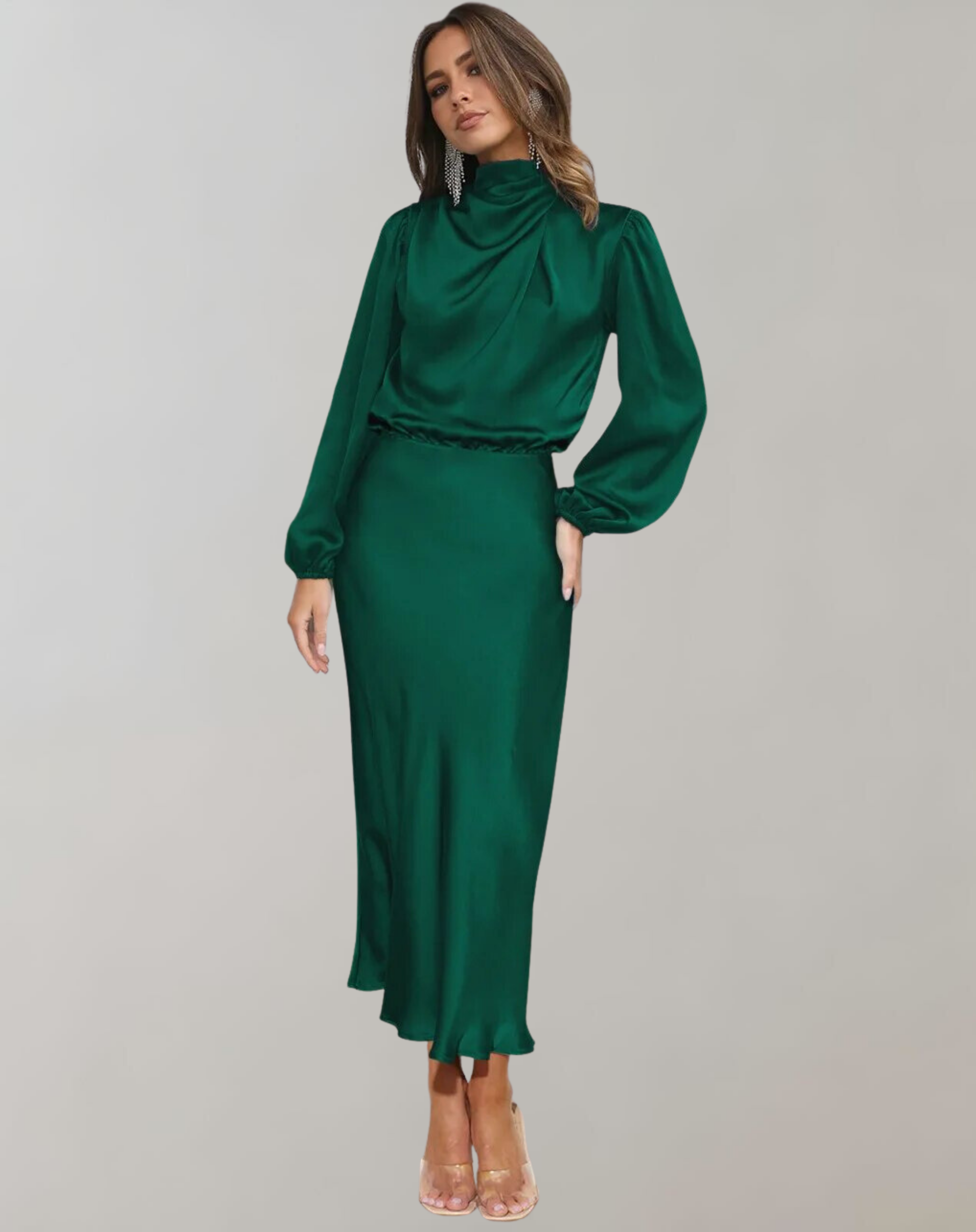 Mireth | Satin Maxikleid - Langärmliges Hochgeschlossenes Elegantes Formelles Kleid