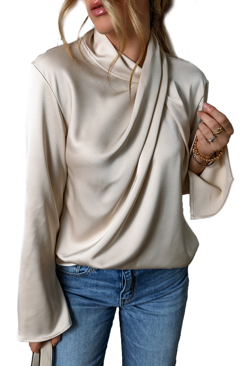 Sorelle | Elegante Damenbluse aus Satin - Langarm, drapierte Wickelvorderseite, Seidentop