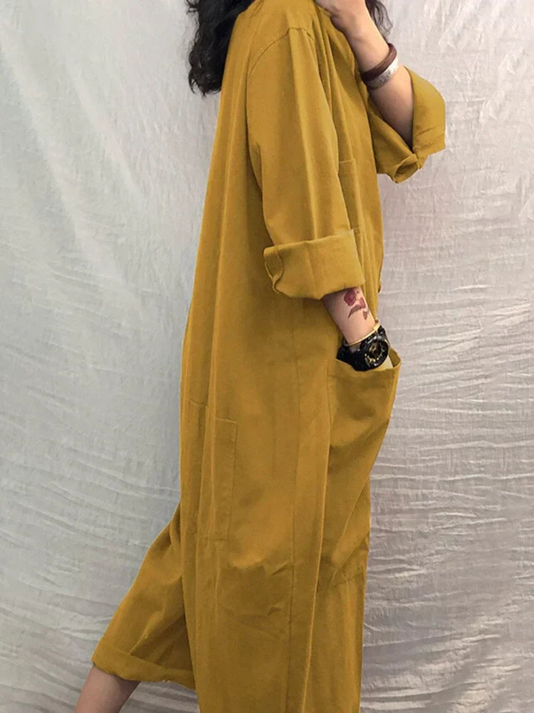 Maevyn | Damen Jumpsuit aus Baumwolle und Leinen in Übergröße - Langärmeliger Einteiler mit Taschen