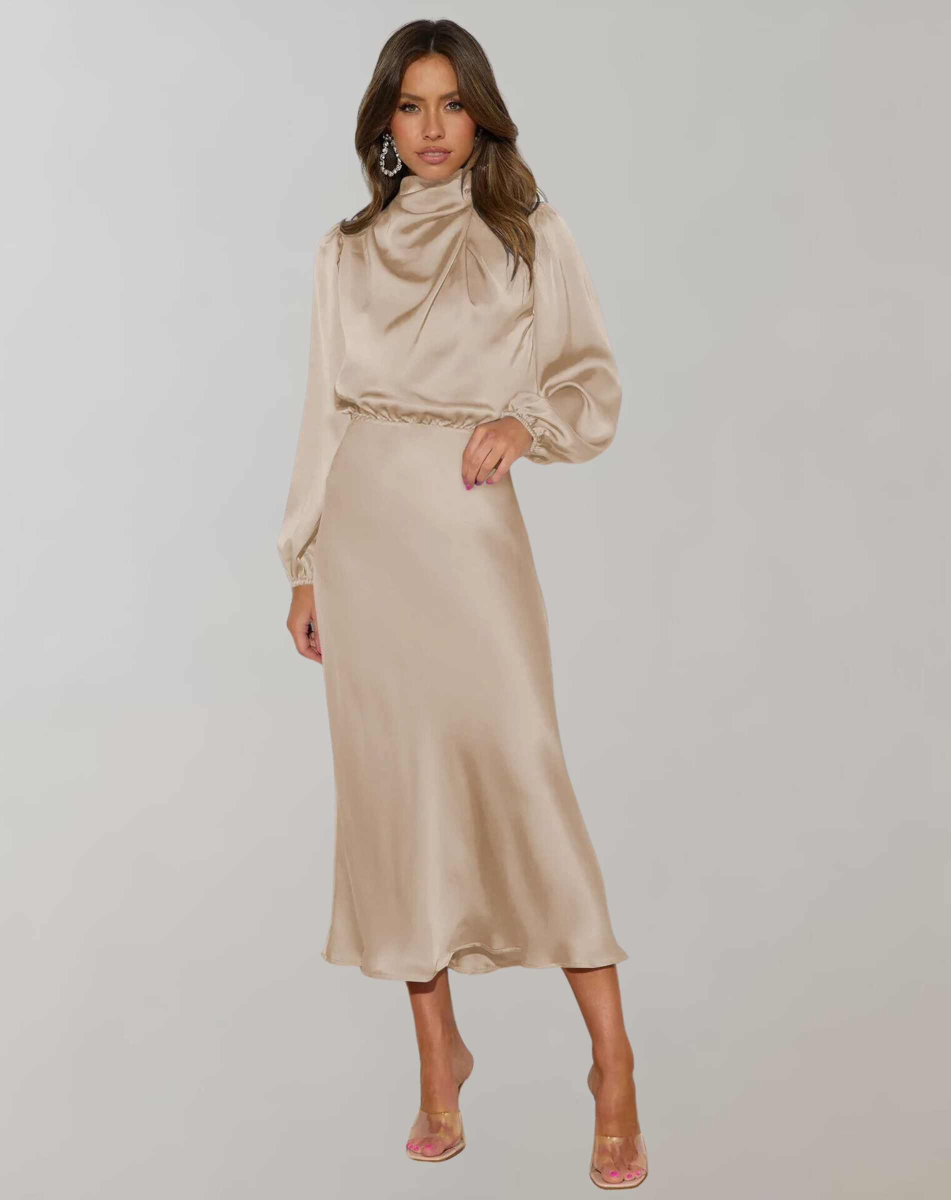 Mireth | Satin Maxikleid - Langärmliges Hochgeschlossenes Elegantes Formelles Kleid