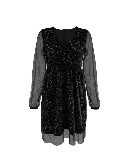 Aveline | Glitter Mini Party Kleid - Mesh lange Ärmel, funkelndes kurzes Cocktailkleid