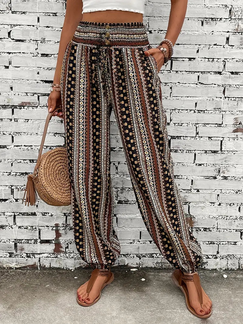 Dazira | Azteken-Print Boho Capri-Hose - Hochtailliert, elastischer Bund, leichte Hose