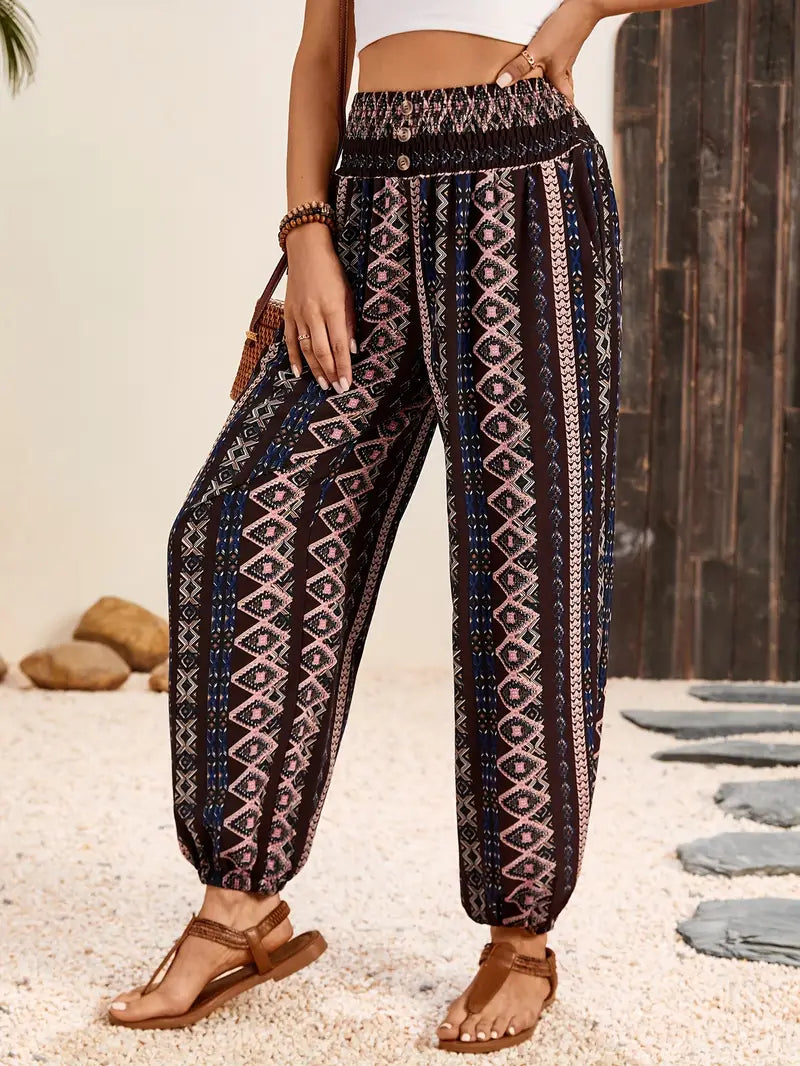 Dazira | Azteken-Print Boho Capri-Hose - Hochtailliert, elastischer Bund, leichte Hose