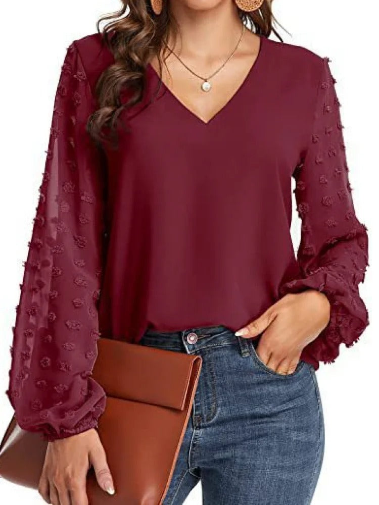 Nylaine | Chiffonbluse mit V-Ausschnitt und langen Ärmeln, leichtes, elegantes Büro-Top