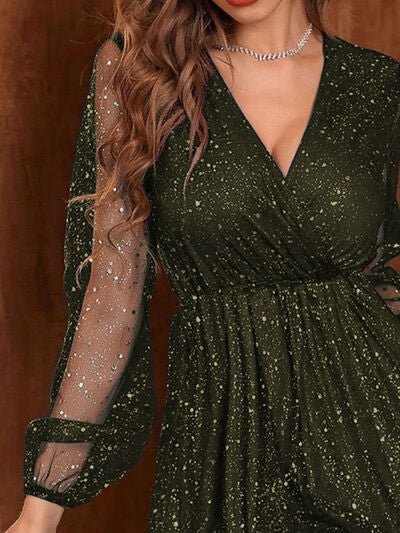 Aveline | Glitter Mini Party Kleid - Mesh lange Ärmel, funkelndes kurzes Cocktailkleid