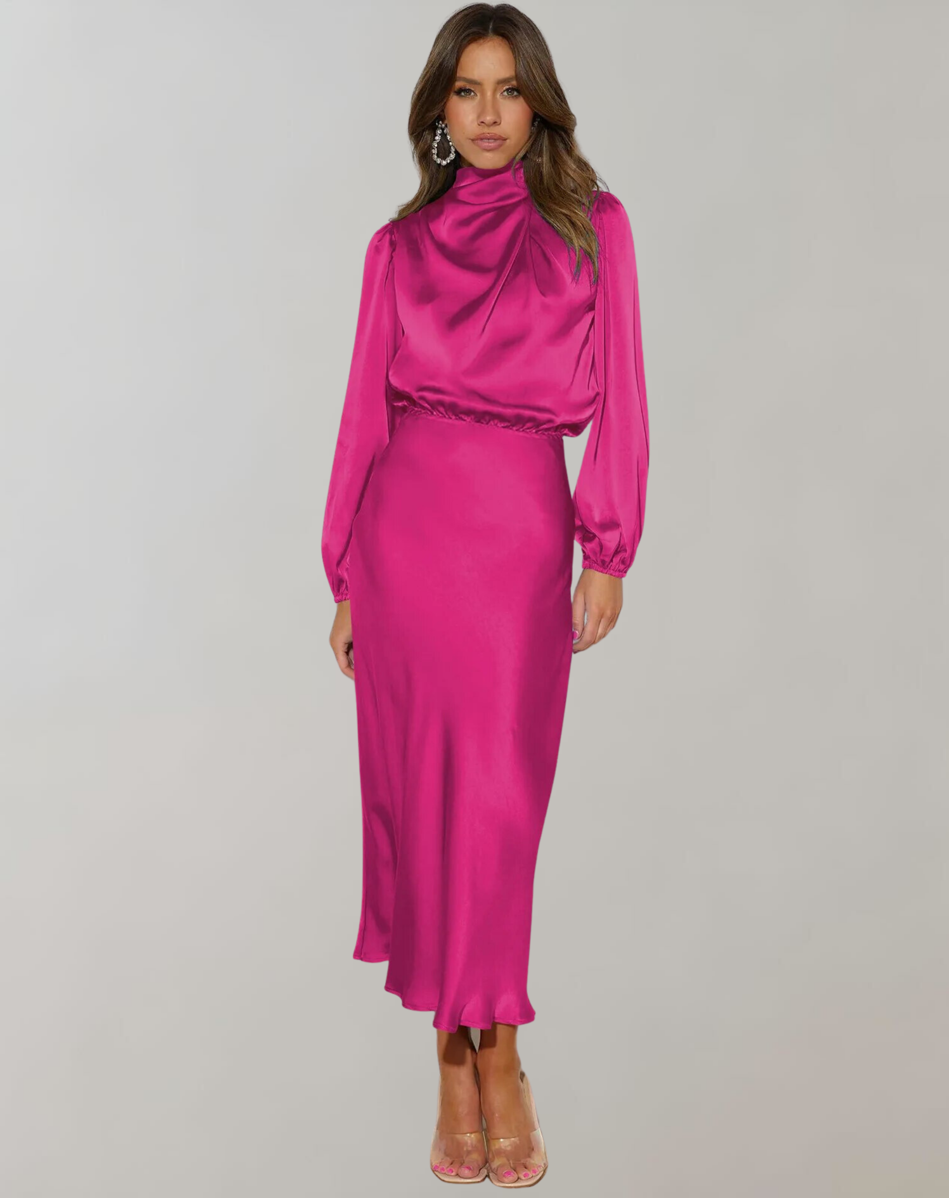 Mireth | Satin Maxikleid - Langärmliges Hochgeschlossenes Elegantes Formelles Kleid