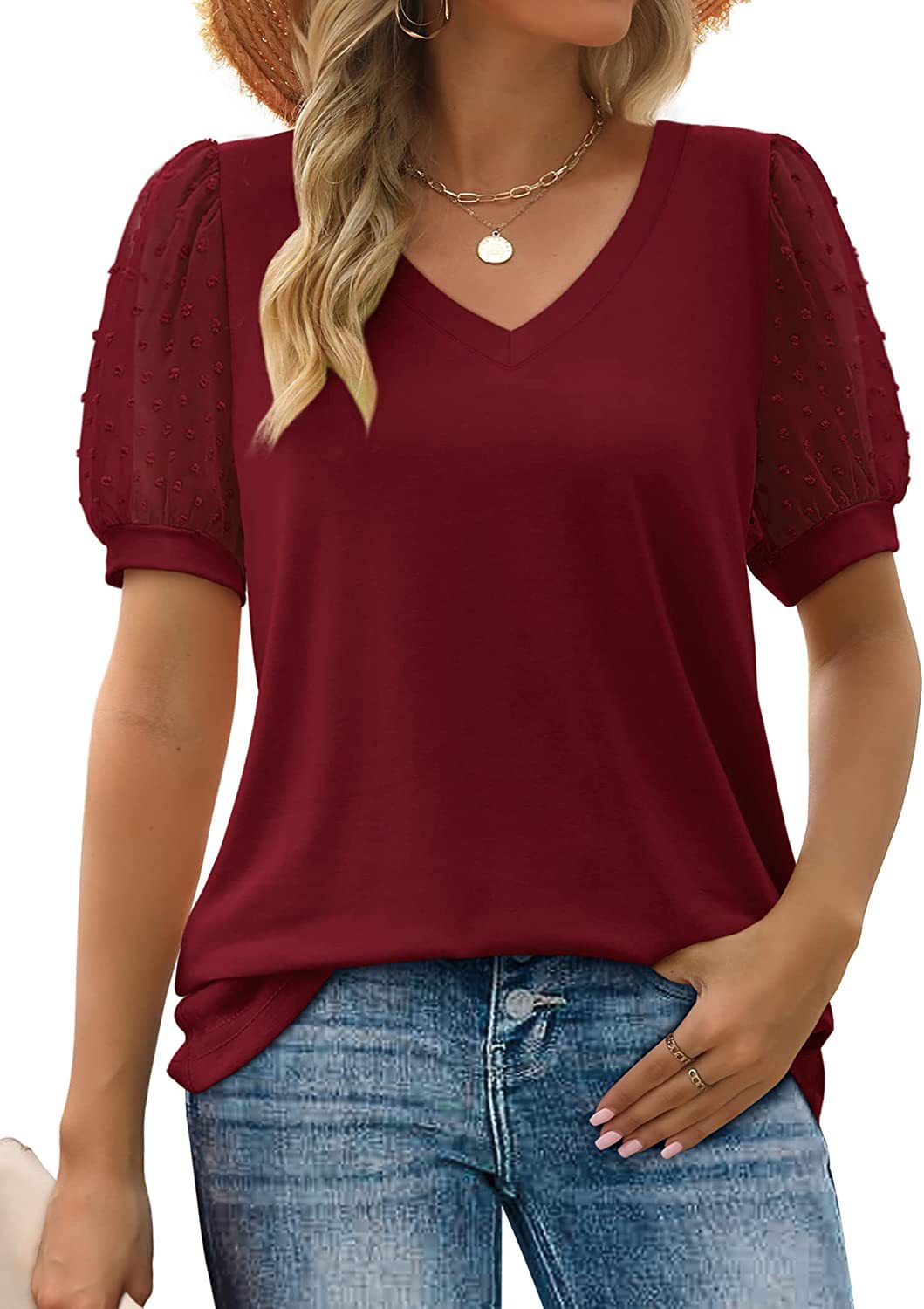 Alvilda | Top mit V-Ausschnitt und Netzärmeln - Elegante Bluse mit Puffärmeln für Frauen