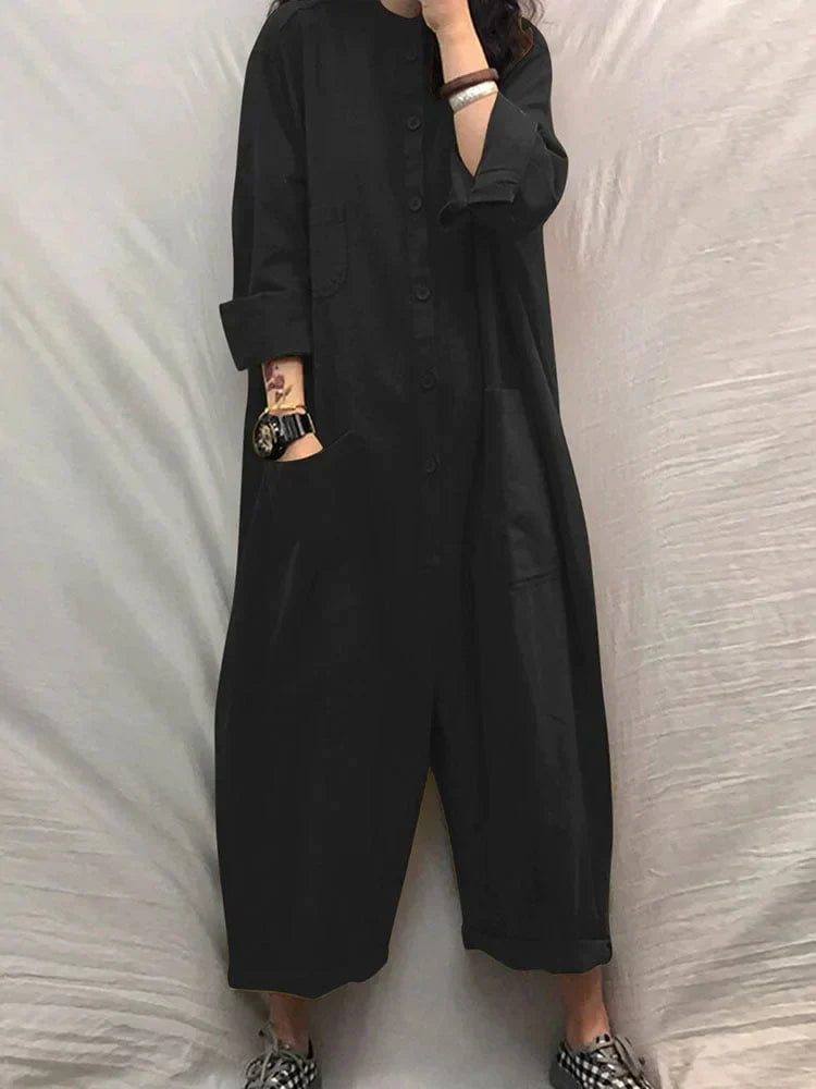 Maevyn | Damen Jumpsuit aus Baumwolle und Leinen in Übergröße - Langärmeliger Einteiler mit Taschen
