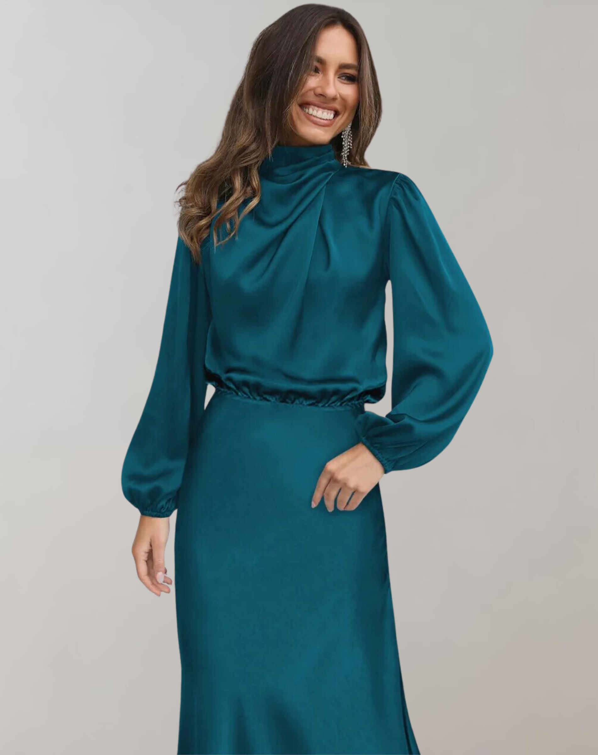 Mireth | Satin Maxikleid - Langärmliges Hochgeschlossenes Elegantes Formelles Kleid