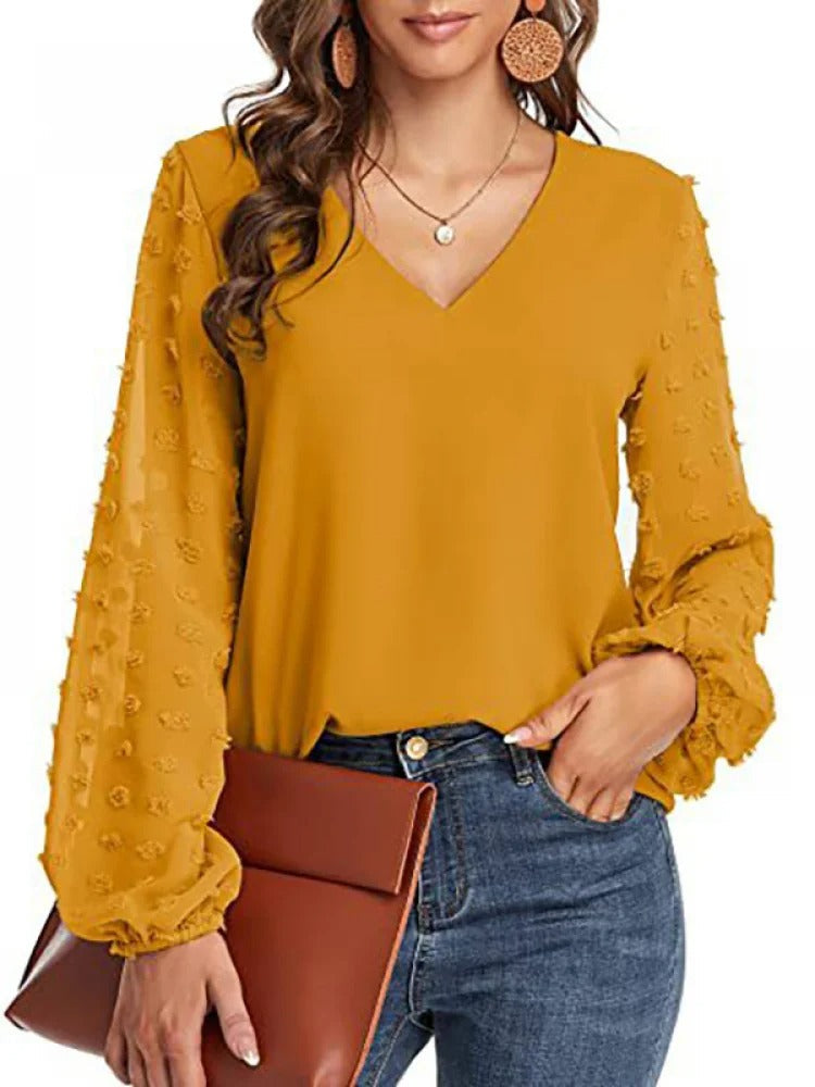 Nylaine | Chiffonbluse mit V-Ausschnitt und langen Ärmeln, leichtes, elegantes Büro-Top