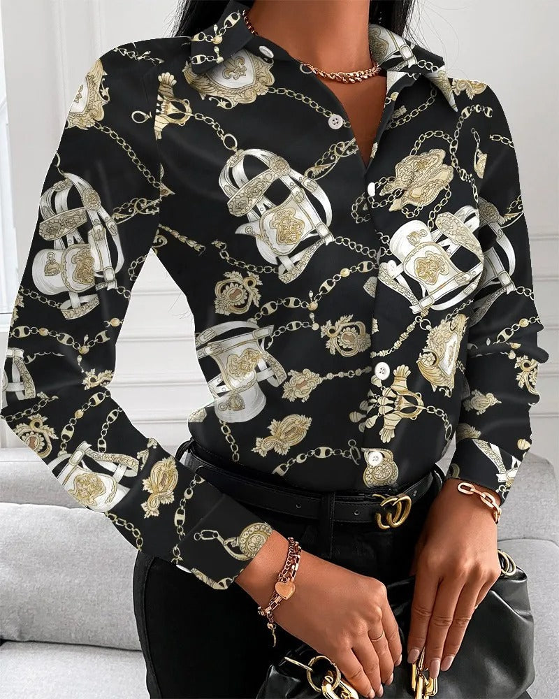 Liora | Damen Vintage Druck Button-up Bluse - Langarm Retro Elegantes Hemd