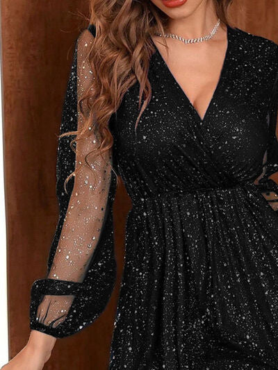 Aveline | Glitter Mini Party Kleid - Mesh lange Ärmel, funkelndes kurzes Cocktailkleid