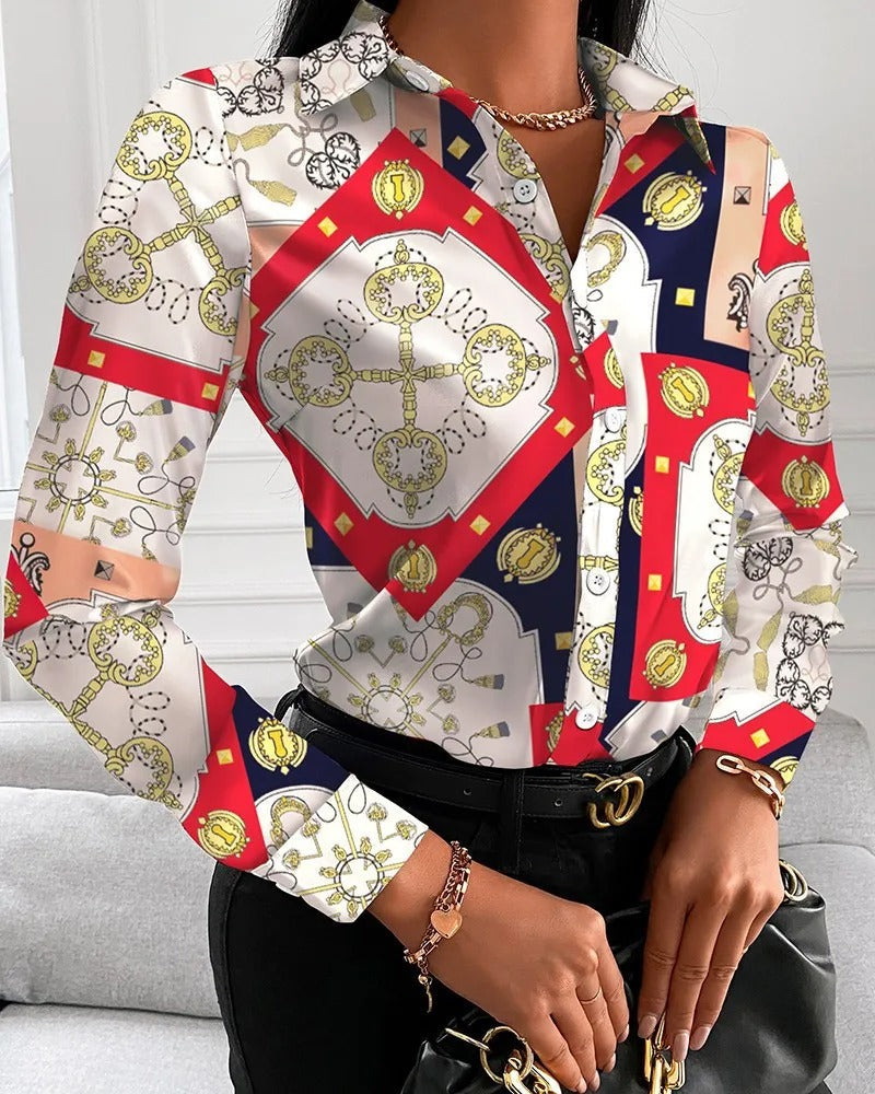 Liora | Damen Vintage Druck Button-up Bluse - Langarm Retro Elegantes Hemd