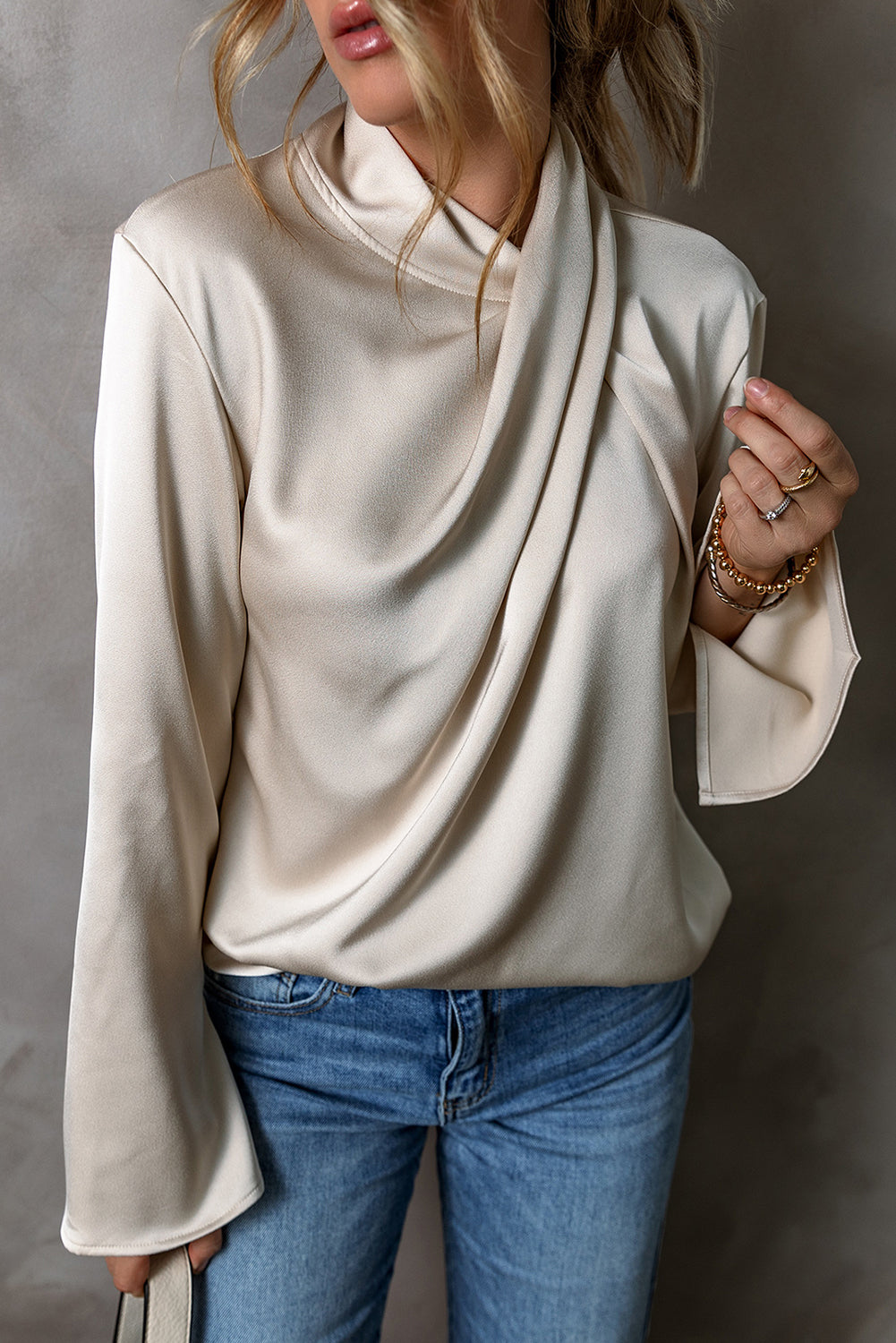 Sorelle | Elegante Damenbluse aus Satin - Langarm, drapierte Wickelvorderseite, Seidentop