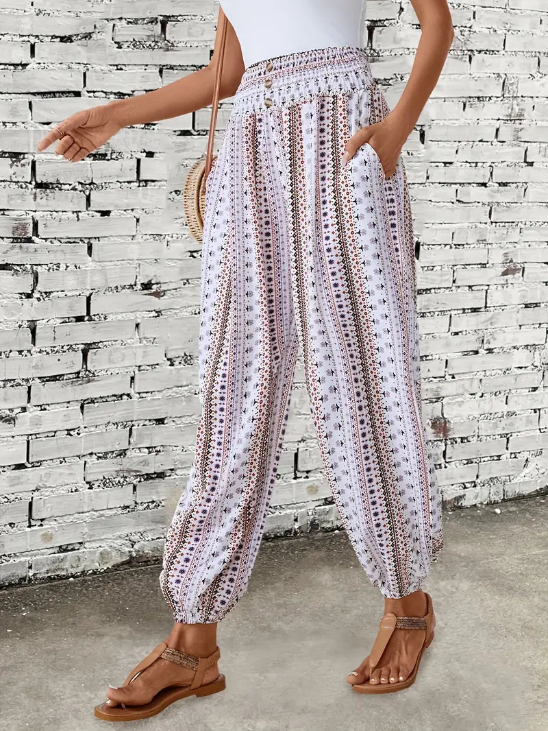 Dazira | Azteken-Print Boho Capri-Hose - Hochtailliert, elastischer Bund, leichte Hose