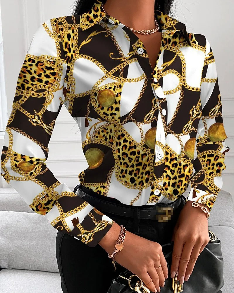Liora | Damen Vintage Druck Button-up Bluse - Langarm Retro Elegantes Hemd