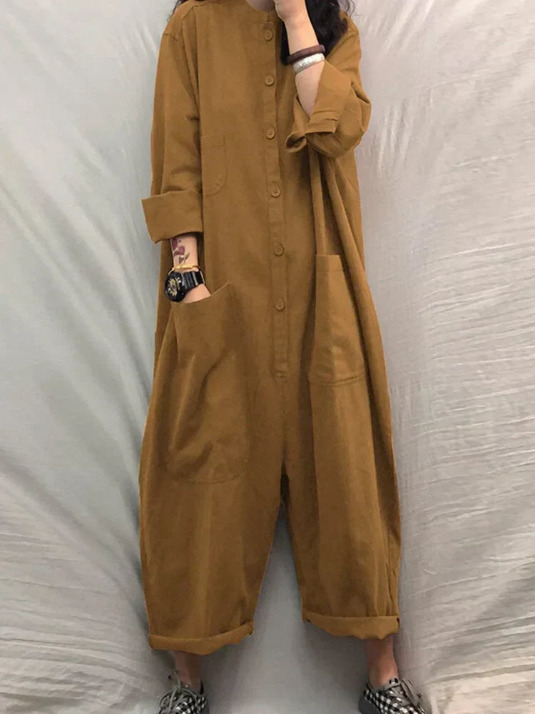 Maevyn | Damen Jumpsuit aus Baumwolle und Leinen in Übergröße - Langärmeliger Einteiler mit Taschen