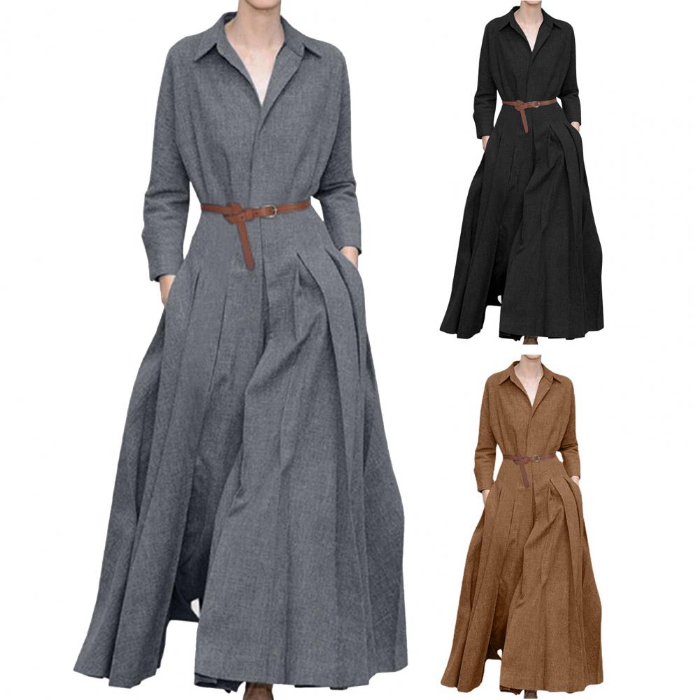 Valesia | Vintage Maxikleid - Lange Ärmel, Plissee-Rock, Reverskragen, eleganter Retro-Stil