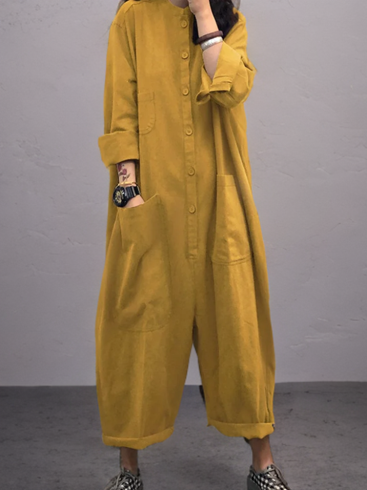 Maevyn | Damen Jumpsuit aus Baumwolle und Leinen in Übergröße - Langärmeliger Einteiler mit Taschen