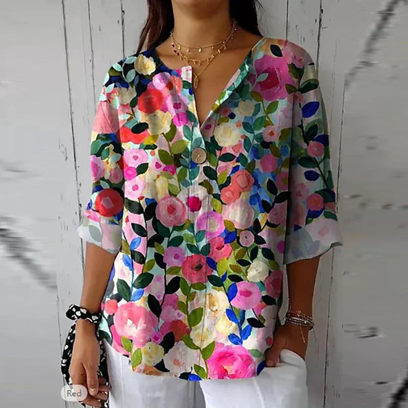 Cindara | Damen Bluse mit floralem V-Ausschnitt und halben Ärmeln in lockerer Passform - leichtes Freizeit-Top