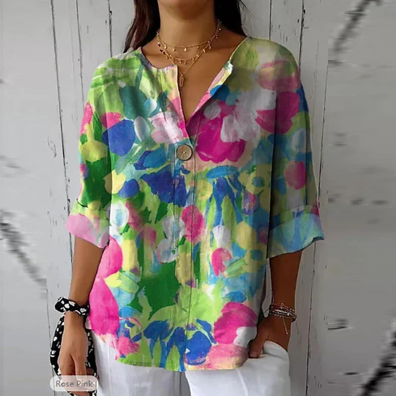 Cindara | Damen Bluse mit floralem V-Ausschnitt und halben Ärmeln in lockerer Passform - leichtes Freizeit-Top