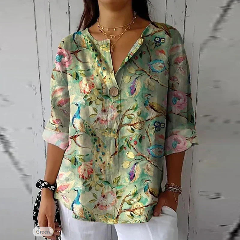 Cindara | Damen Bluse mit floralem V-Ausschnitt und halben Ärmeln in lockerer Passform - leichtes Freizeit-Top