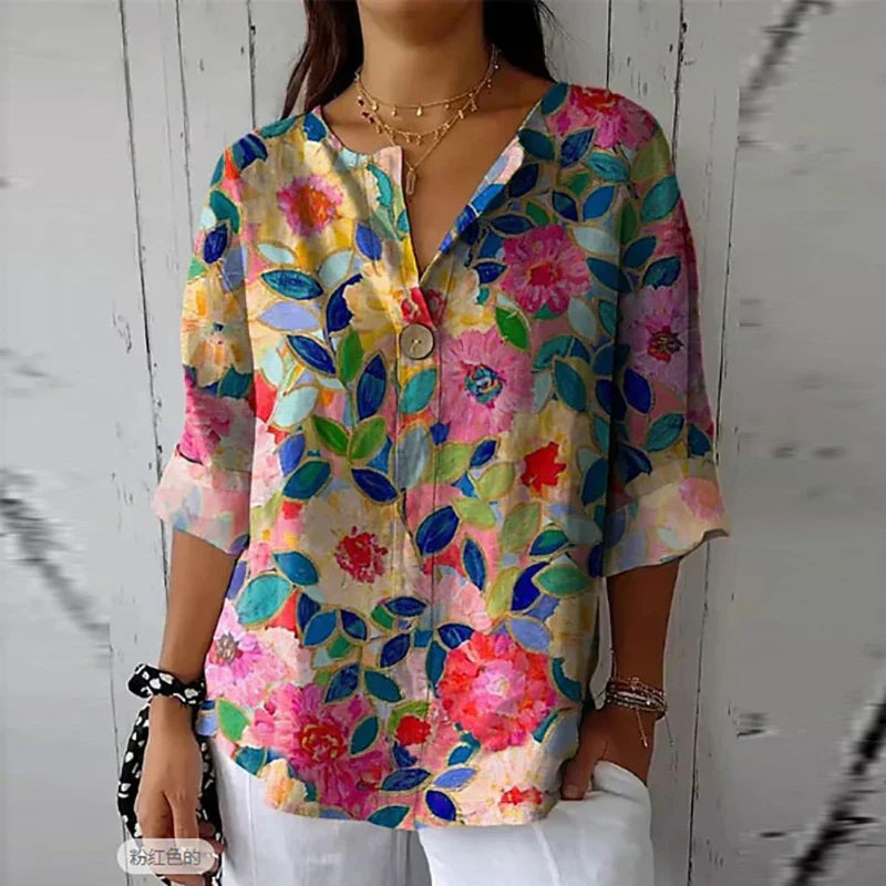 Cindara | Damen Bluse mit floralem V-Ausschnitt und halben Ärmeln in lockerer Passform - leichtes Freizeit-Top