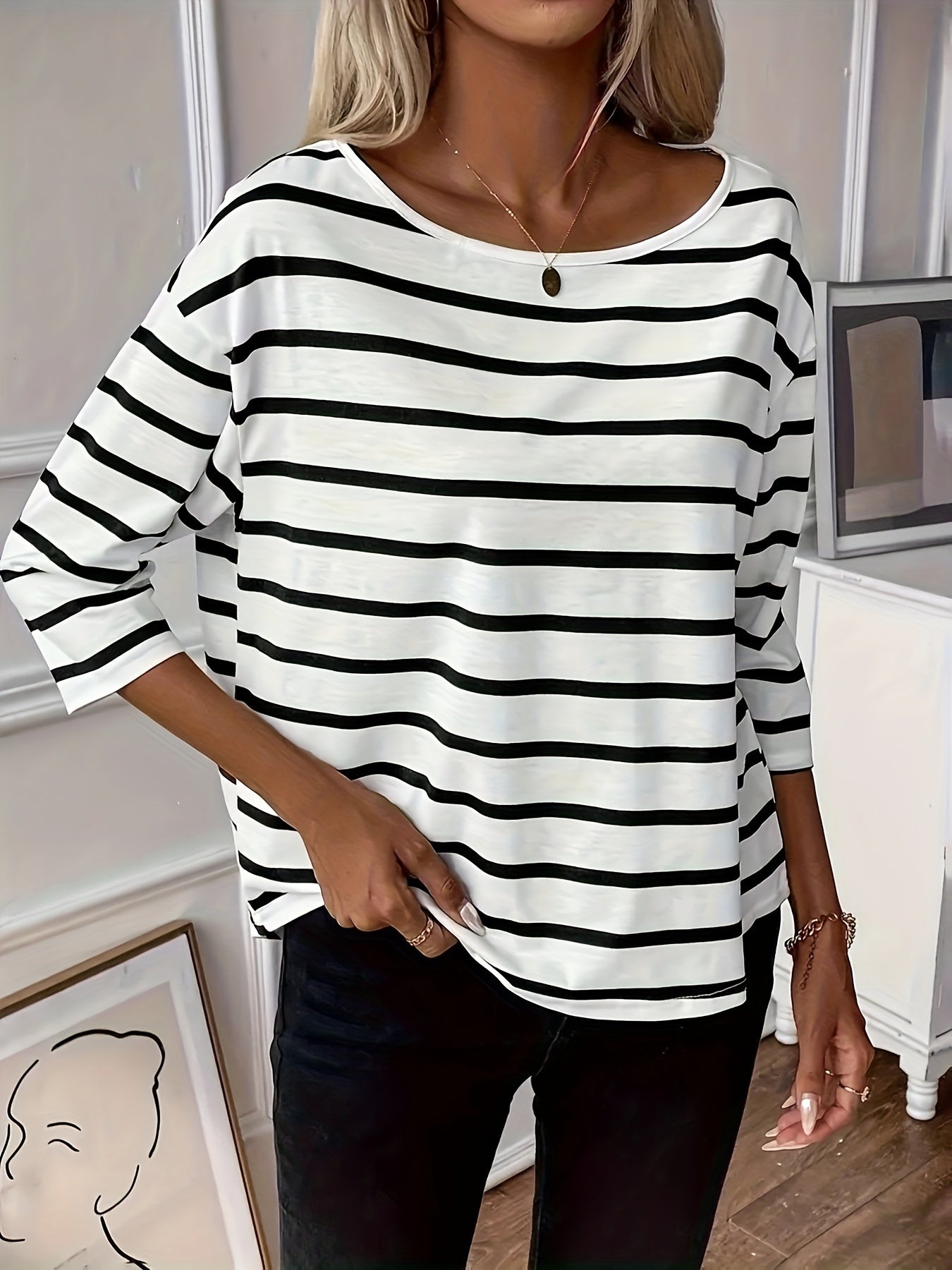 Vireth | Lässiges gestreiftes Damen-T-Shirt - Weiches Baumwollgemisch, leichtes Top