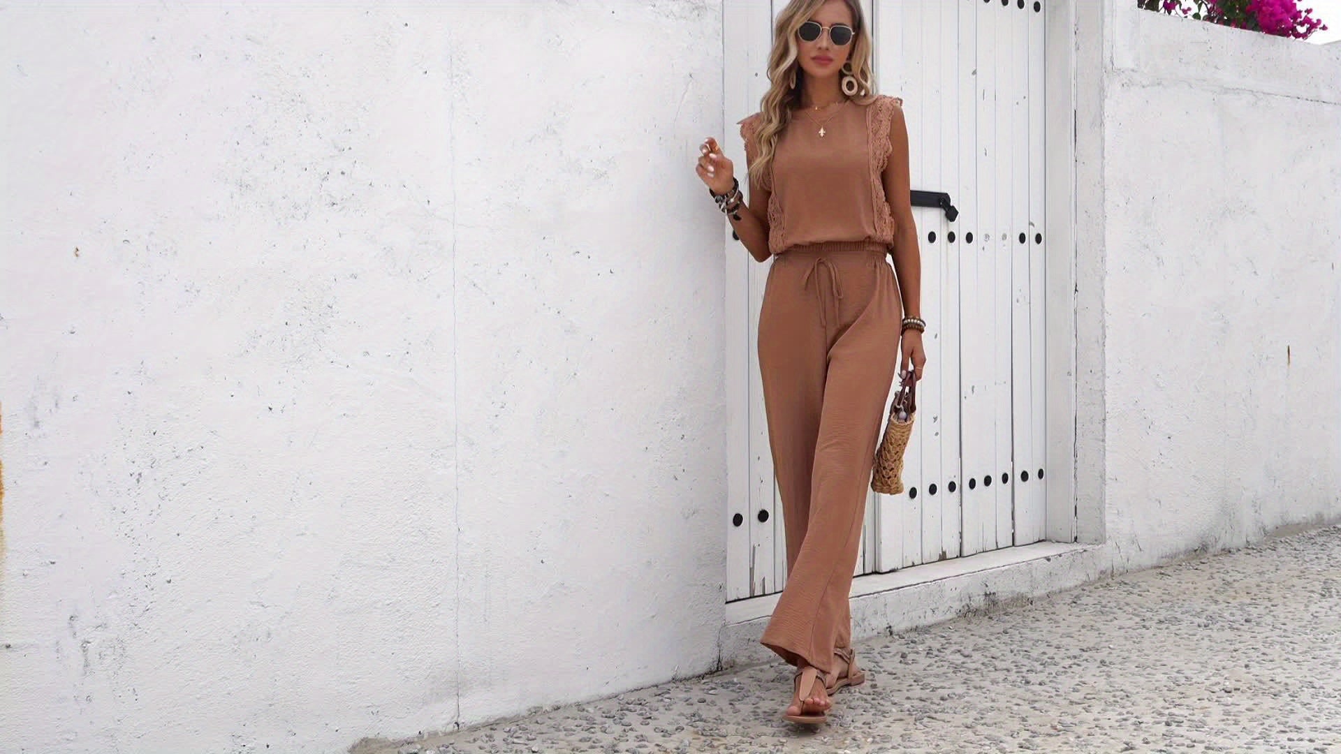 Zorelle | Set aus ärmelloser Bluse mit Spitzenbesatz und Hose mit weitem Bein - Elegantes zweiteiliges Outfit