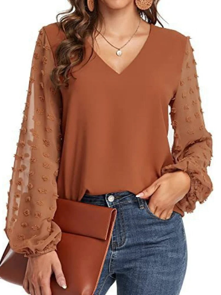 Nylaine | Chiffonbluse mit V-Ausschnitt und langen Ärmeln, leichtes, elegantes Büro-Top