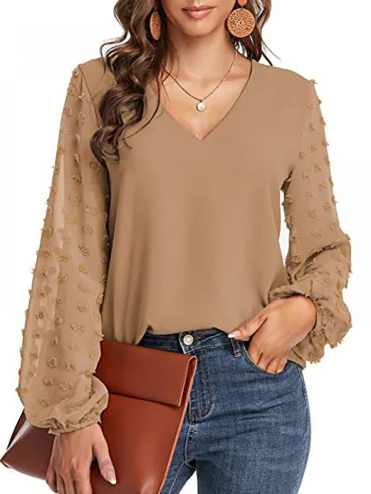 Nylaine | Chiffonbluse mit V-Ausschnitt und langen Ärmeln, leichtes, elegantes Büro-Top