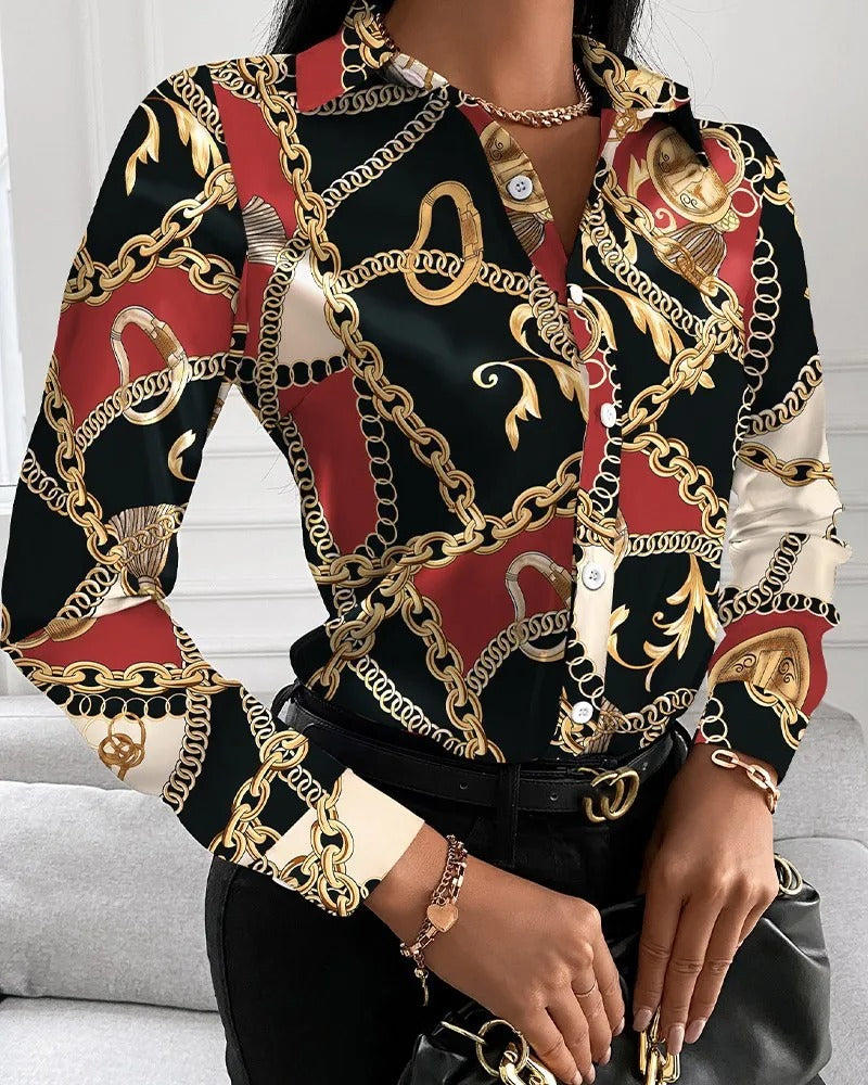 Liora | Damen Vintage Druck Button-up Bluse - Langarm Retro Elegantes Hemd