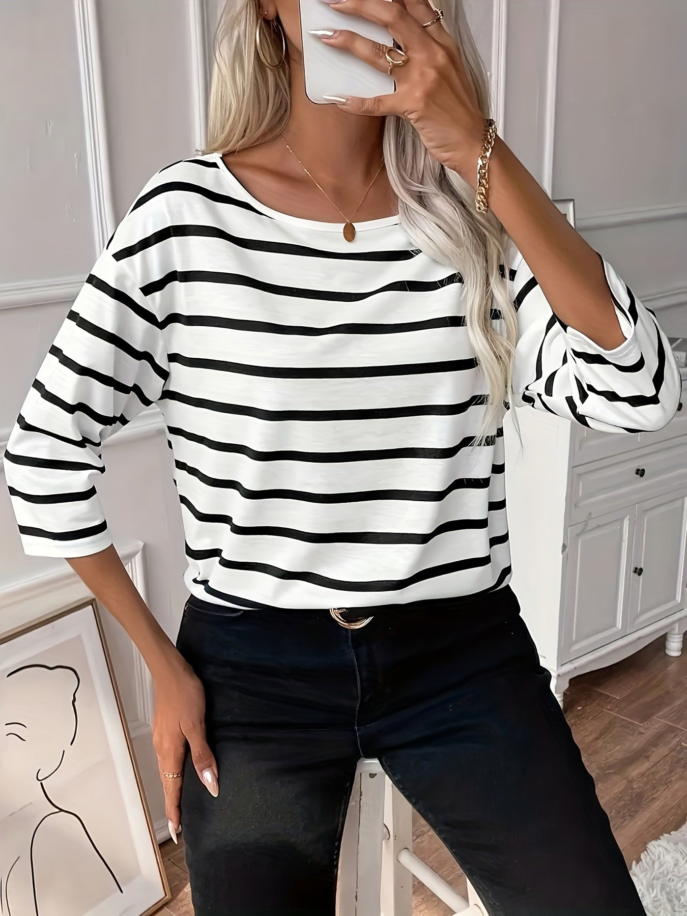 Vireth | Lässiges gestreiftes Damen-T-Shirt - Weiches Baumwollgemisch, leichtes Top
