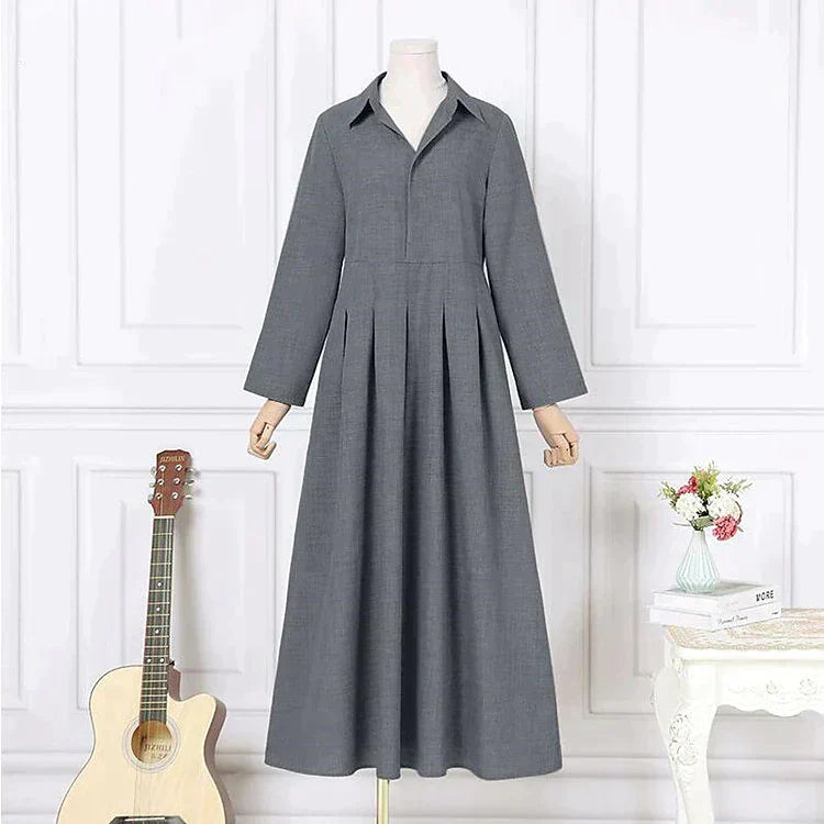 Valesia | Vintage Maxikleid - Lange Ärmel, Plissee-Rock, Reverskragen, eleganter Retro-Stil
