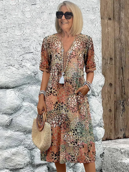 Aluna | Florales Midikleid mit V-Ausschnitt - Lässiges Sommerkleid, kurze Ärmel, leichtes Gewicht